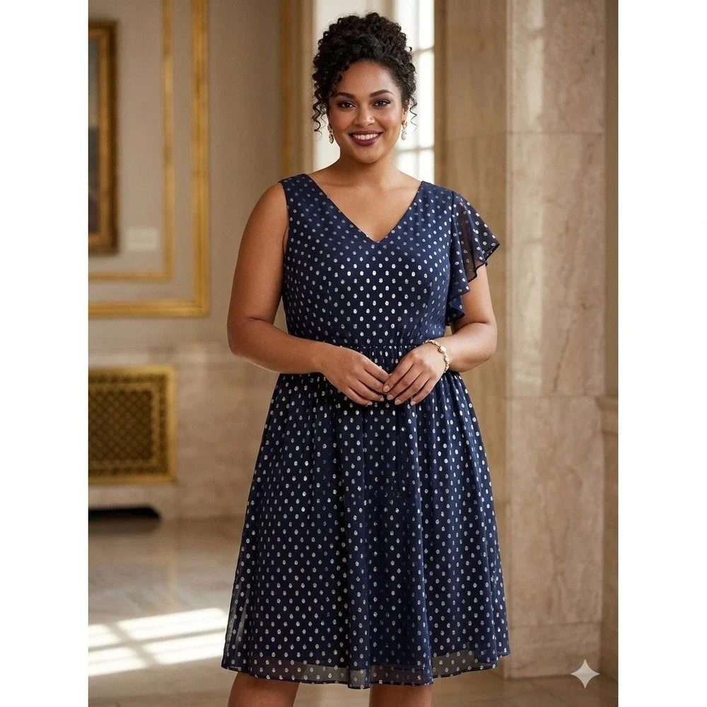Women's Chaps Navy White Polka Dot Fit &‎ Flare Chiffon V-Neck Lined Dress 14